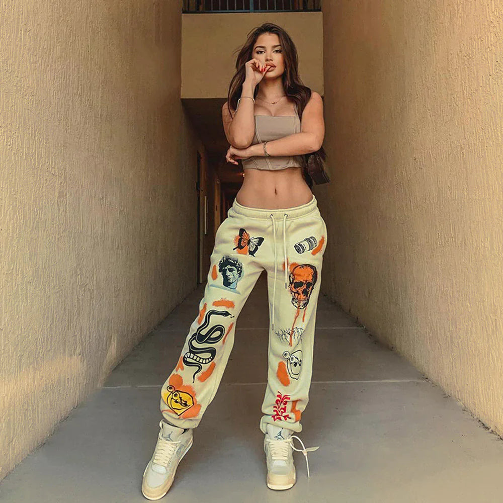 Women'S Cross-Border New Loose Printed Pattern Pocket Thickened Casual Pants