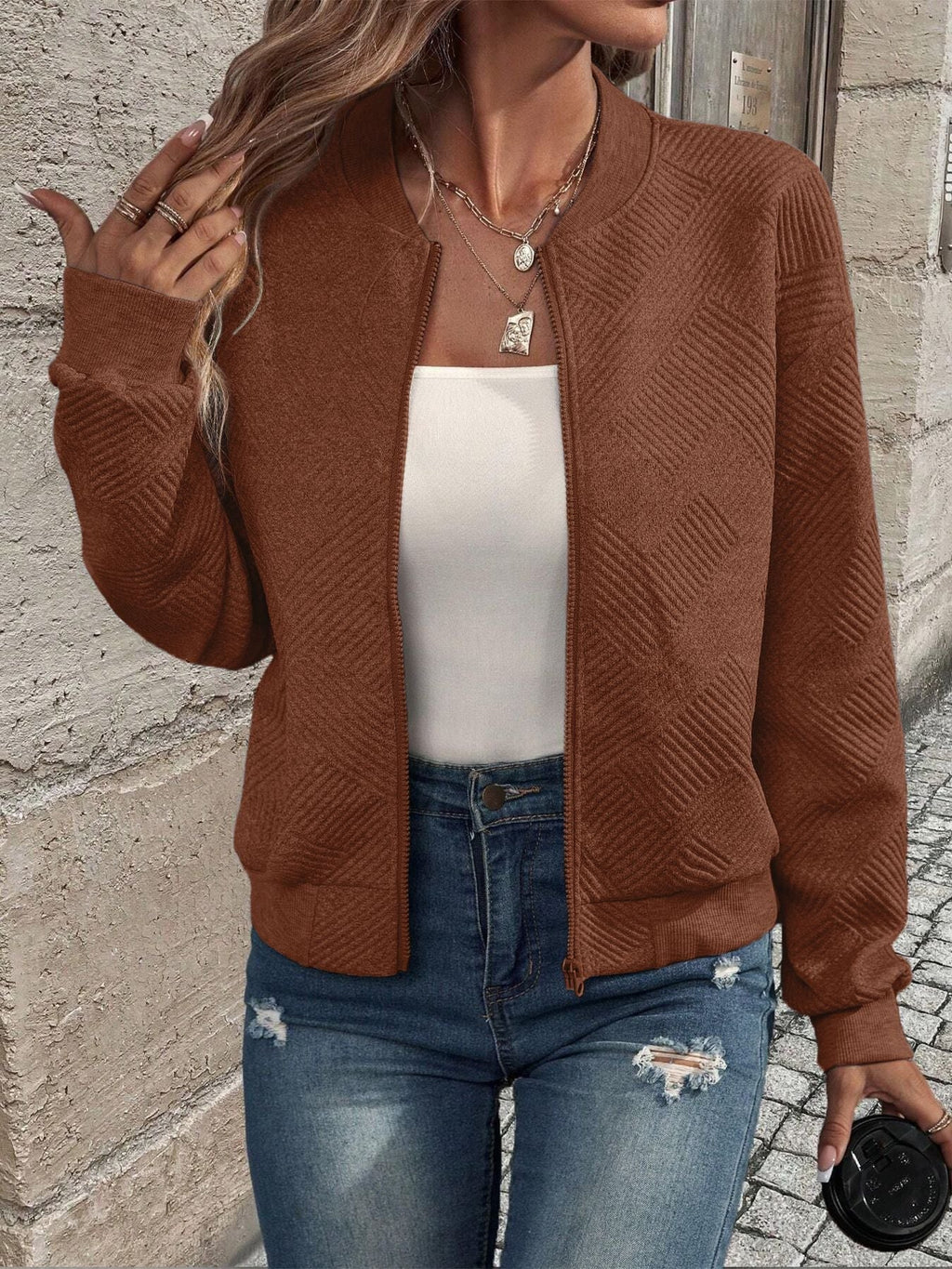 New Fashionable Plaid Zipper Round Neck Long Sleeve Jacket Women